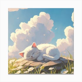 White Cat Sleeping In The Grass Canvas Print