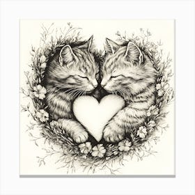 Delicate Ink Drawing of Cats Love Heart 4 Canvas Print