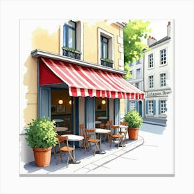 Watercolor Of A Parisian Sidewalk Café With Striped Awnings And Potted Plants 1 Canvas Print