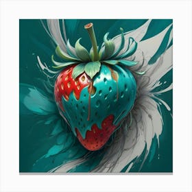 A Strawberry With A Glossy, Teal Colored Coating, Dripping With Red Liquid, Is Set Against A Background Of Swirling Teal And Gray Paint Canvas Print