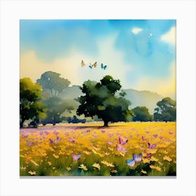 Watercolor Of A Field With Butterflies Canvas Print