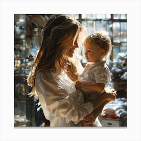 Woman Holding A Baby In A Kitchen Canvas Print