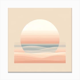 Title: "Dawn's Gentle Rise"  Description: In "Dawn's Gentle Rise," the serene beauty of daybreak is captured through soft gradients and flowing forms. The sun, depicted as a large, pale orb, emerges from the horizon, its light diffusing in muted, pastel bands that stretch across the composition. Below, the landscape unfolds in gentle undulations, suggestive of dunes or rolling hills, bathed in the tranquil light of early morning. The artwork's minimalistic approach and calming color scheme evoke a sense of peace and new beginnings, making it an ideal piece to inspire reflection and quiet contemplation in a space dedicated to relaxation or creative thought. Canvas Print