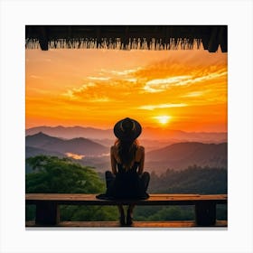 Woman In Black Hat Sitting Alone On A Wooden Balcony Overlooking A Hill Dotted Landscape Trees Al (7) Canvas Print