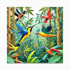 Rainforest Birds In Flight Cubism Style Canvas Print