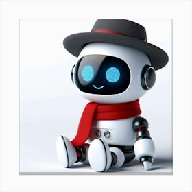 A cute and friendly robot sits on a white background, wearing a black hat and red scarf, with a cheerful expression on its face and a red scarf around its neck Canvas Print