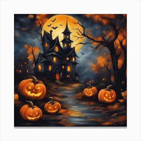 Halloween House With Pumpkins Canvas Print