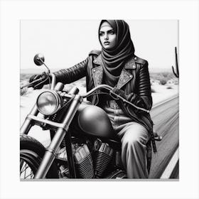 Hijab and Motorcycle: A Cool and Chic Black and White Photograph of a Woman Wearing a Hijab and a Leather Jacket, Riding a Motorcycle on a Desert Road Canvas Print