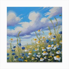 Beautiful Field Meadow Flowers Chamomile Blue Wild Peas In Morning Against Blue Sky With Clouds Nature Landscape Close Up Macro Wide Format Copy Space Delightful Pastoral Airy Artistic Image 1 Canvas Print