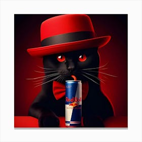 A Black Cat With A Red Hat Drinking A Red Bull Energy Drink 2 Canvas Print