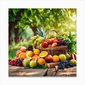 Fruit Basket On Wooden Table Canvas Print