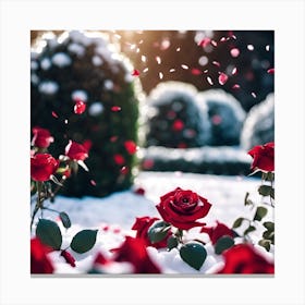 Topiary Garden with Red Roses in the Snow Canvas Print