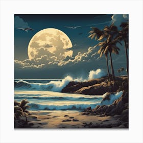 Full Moon, Sandy Parking Lot, Surfboards, Palm Trees, Beach, Whitewater, Surfers, Waves, Ocean, Clou (2) Canvas Print