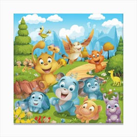 Cartoon Animals In The Forest Canvas Print