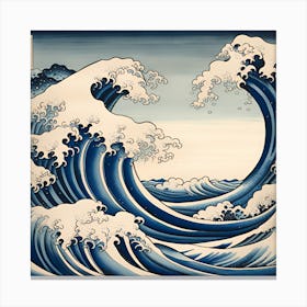 Great Wave Off Kanagawa, Navy Blue Japanese Monochromatic Canvas Print