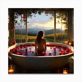 Contemporary Woman Luxuriating In A Standalone Bath Filled To The Brim With Vibrant Red Yellow An Canvas Print