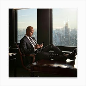 Businessman Clad In A Tailored Suit Texting On A Sleek Smartphone Seated At An Ornate Mahogany De 2 Canvas Print