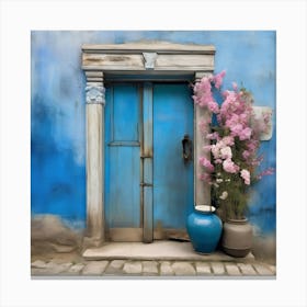 Blue wall. An old-style door in the middle, silver in color. There is a large pottery jar next to the door. There are flowers in the jar Spring oil colors. Wall painting.2 Canvas Print