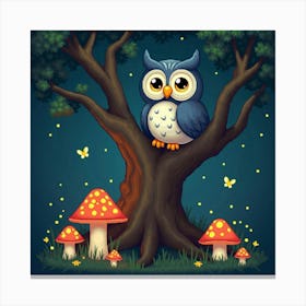 A Wise Owl Perched On A Twisted Tree, Surrounded By Glowing Mushrooms And Fireflies Canvas Print