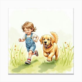 Watercolor Painting Of A Child And A Golden Retriever Running Through Fields Canvas Print