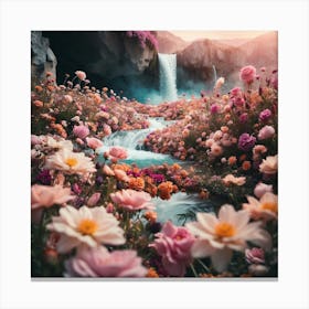 Waterfall With Flowers Canvas Print