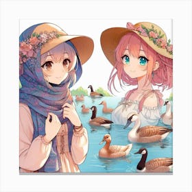 Two Girls With Ducks Canvas Print