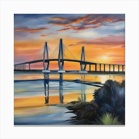 Sunset over the Arthur Ravenel Jr. Bridge in Charleston. Blue water and sunset reflections on the water. Oil colors.13 Canvas Print
