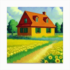 A Farmhouse at Dusk Tranquil and Timeless Yellow House In The Field Canvas Print