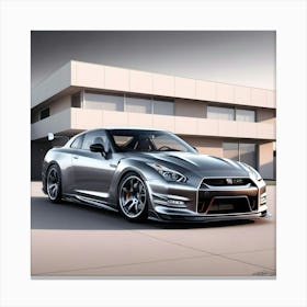 A Highly Detailed Pencil Drawing Of A Sleek, Silver Nissan GTR R35 In Front Of A Contemporary, Modern House 3 Canvas Print