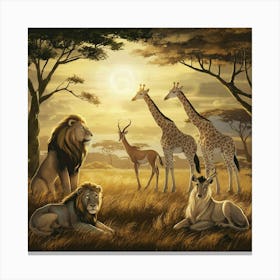 Lions And Giraffes Canvas Print