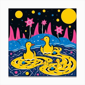 Duckling Colourful In The Pond Linocut Style 2 Canvas Print
