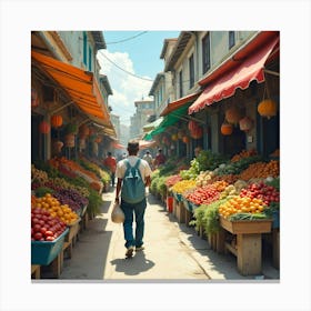 A Colorful Market Scene With Vendors Selling Fresh Fruits And Vegetables Canvas Print