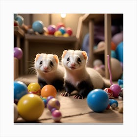 Picture A Group Of Mischievous Ferrets Playfully Exploring A Room Filled With Toys Tunnels And Balls Canvas Print