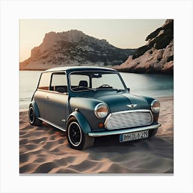 A Blue Vintage Charcoal Grey Mini Cooper On The Beach 3 1 Leinwandbild