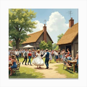 An English Countryside Barn Dance With People Enjoying The Festivities, Watercolor 1 Canvas Print