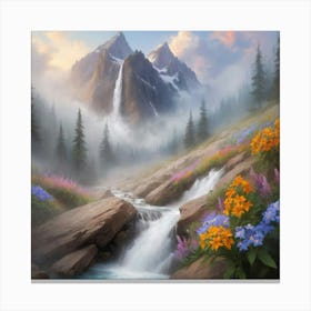 Waterfall In The Mountains paintings art print Canvas Print