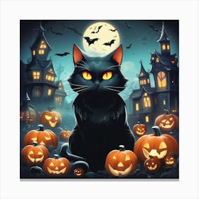 Halloween Cat With Pumpkins Canvas Print