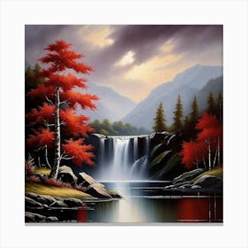 Waterfall With Red Trees Canvas Print