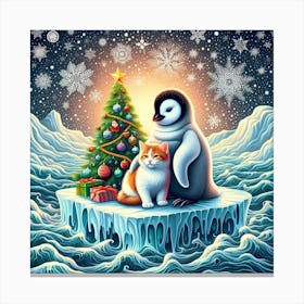 Baby penguin with a baby cat (Christmas) Canvas Print