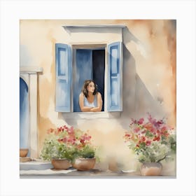 Womand in Greece Watercolor Painting Canvas Print