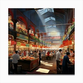 Food Hall Bustling With Vendors Under Bright Factory Style Lights Patrons Weaving Through Aisles Of 294367582 Canvas Print