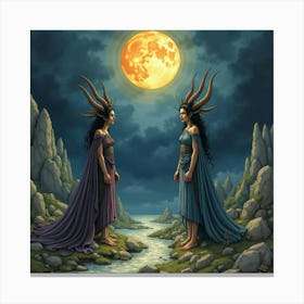 Watercolor The Gorgon Sisters In A Dark, Mythical Landscape 1 Canvas Print