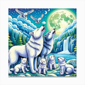 White Wolves Howl at Moon Canvas Print