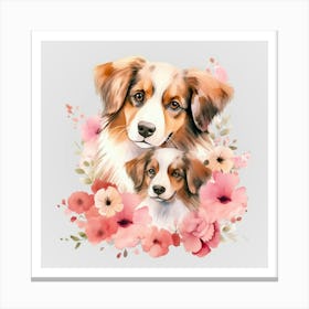 Watercolor Spring Mama And Baby Dogs 1 Canvas Print