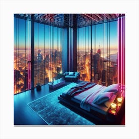 Modern Bedroom With Neon Lights Canvas Print
