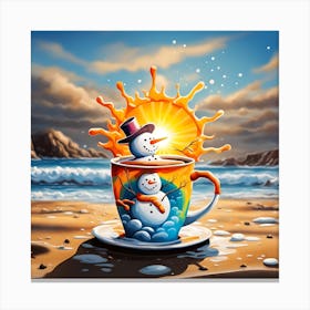 A Snowman's Coffee Cup Frosty Seaside Soak Canvas Print