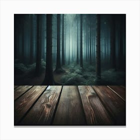 A dark and mysterious forest with a wooden table in the foreground, perfect for a spooky or Halloween-themed party or event. Canvas Print