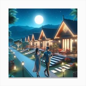 Couple Walking At Night In Resort Canvas Print