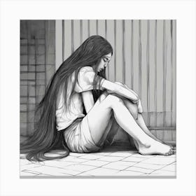 Sad Girl Sitting On The Ground Canvas Print