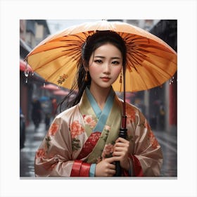 A Chinese Woman In A Rainfalls Canvas Print